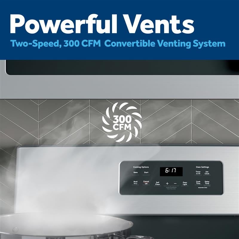 Over-the-Range GE Microwave Oven with Recirculating Venting, 1.8 Cu. FT, 900W, 12.8” Removable Turntable, 10 Power Levels, Stainless Steel