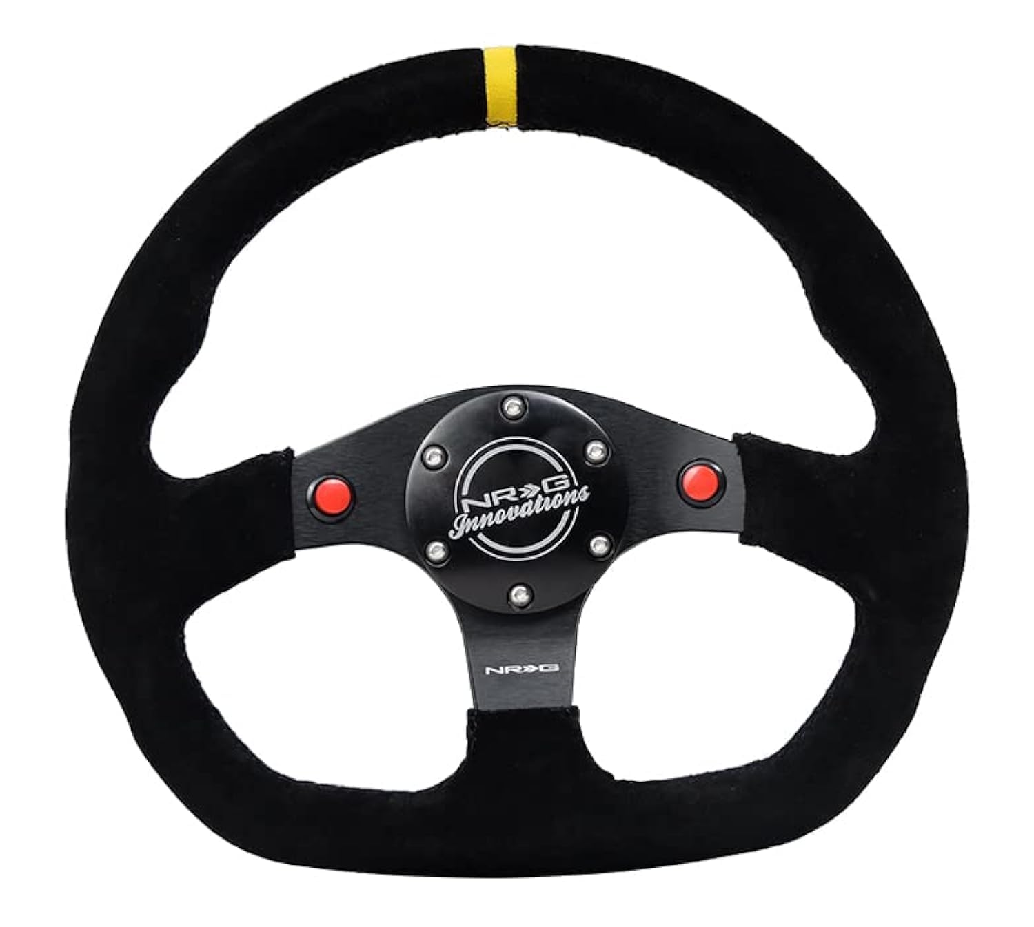 NRG Innovations Reinforced NRG-RST-024D-MB-S-Y Steering Wheel 320mm Sport Suede Dual Push Buttons Flat Bottom with Yellow Center Mark