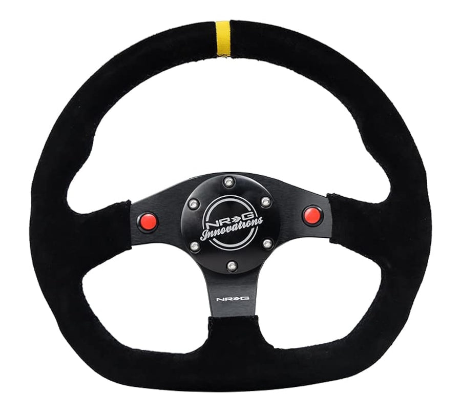 NRG Innovations Reinforced NRG-RST-024D-MB-S-Y Steering Wheel 320mm Sport Suede Dual Push Buttons Flat Bottom with Yellow Center Mark