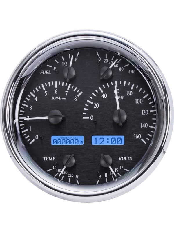 Dakota Digital VHX-1019-K-B 7" Round Universal Analog Gauge System, Black Alloy Style, Blue Backlighting