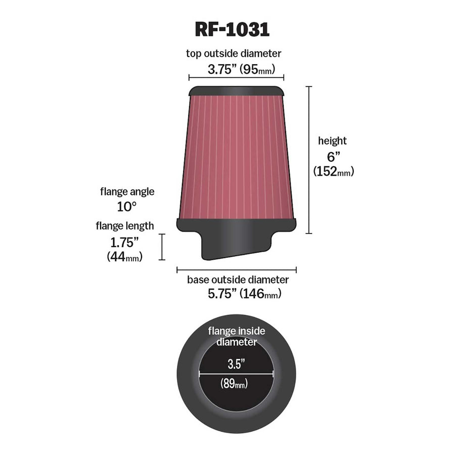 High-Flow K&N Original Lifetime Universal Clamp-On Air Filter: High Performance, Premium, Washable: Flange Diameter: 3.5 In, Filter Height: 6 In, Flange Length: 1.75 In, Shape: Round Tapered, RF-1031