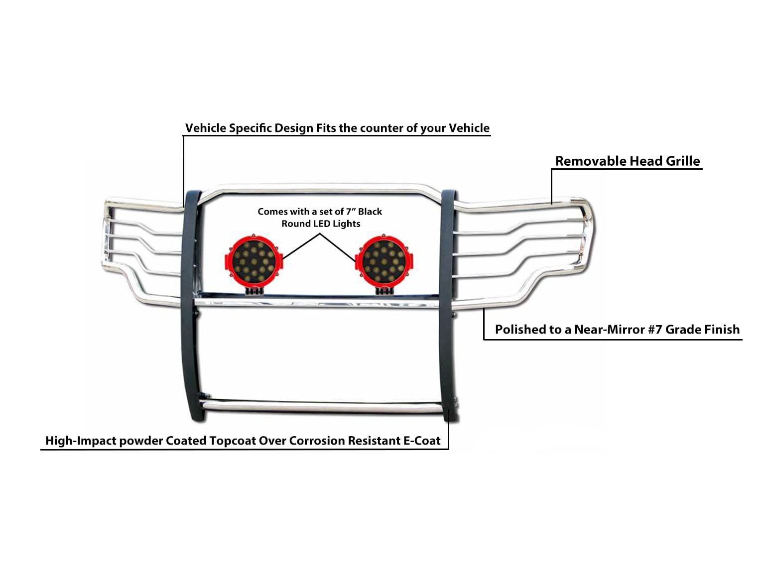 Grille Brush Black Horse Bumper Guard Modular Stainless Steel Come with Pair of 7.0" Dia.LED Lights with Red Trim Rings Compatible with 2009-2014 Ford F-150-17FP30MSS-PLR