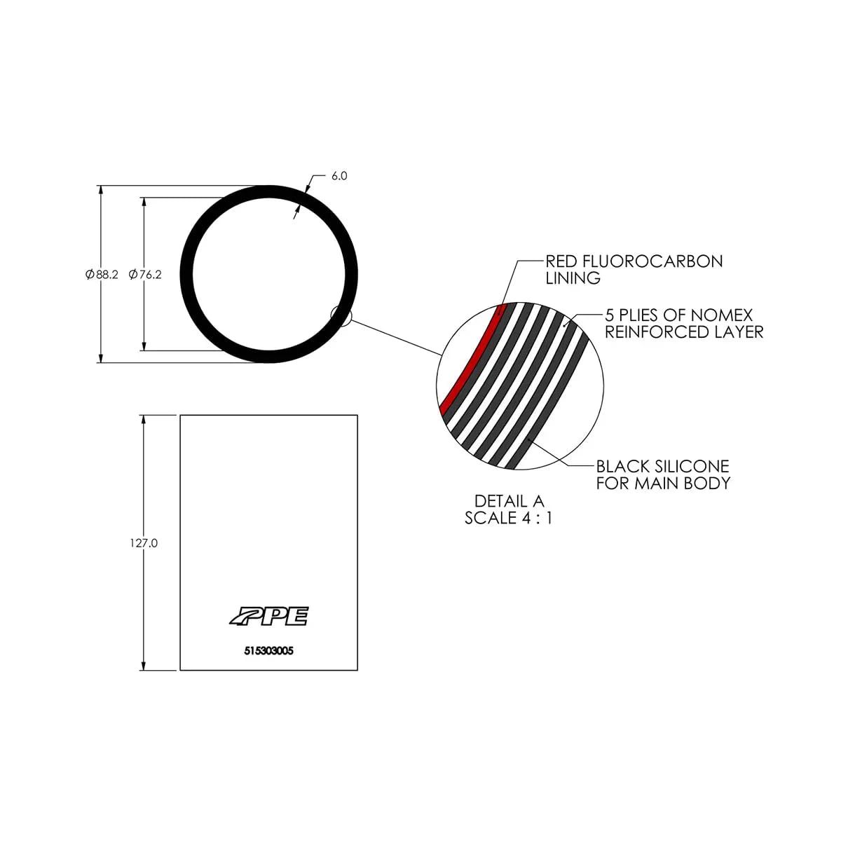 515303005 PPE 3.0" ID x 5.0" L 6mm 5-ply Silicone Performance for Custom Applications