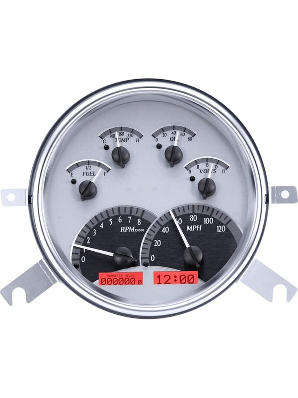 Dakota Digital VHX-49C-S-R Gauge System Analog Compatible with Chevy 1949-50 Car, Silver Alloy Style, Red Backlighting