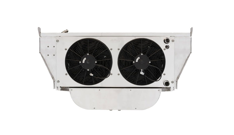 Cold Case Radiator and Fan, Dual Fans, Passenger Side Inlet, Passenger Side Outlet, A/C Condenser/Radiator Support, Aluminum, Polished, GM LS-Series, Chevy Fullsize Car 1957, Kit