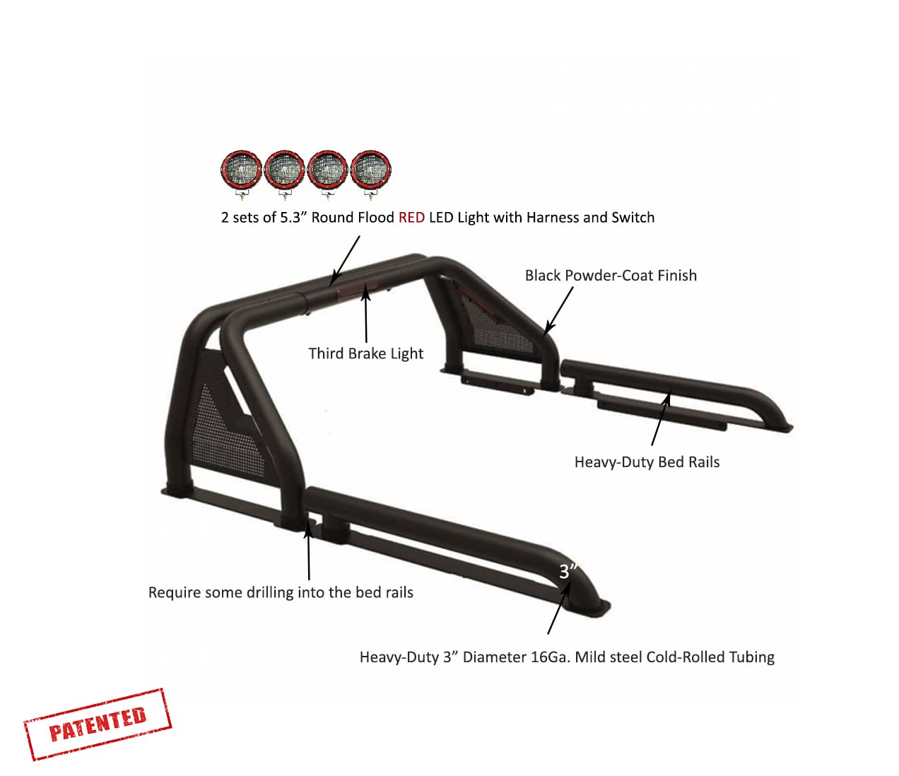 Gladiator Roll Bar Black Incl. Set of 5.3" Dia.Led Lights w/Red Trim Rings Modular Compatible with 2005-2021 Nissan Frontier-GLRB-05B-PLFR