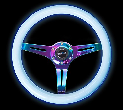 Classic Wood Grain Steering Wheel NRG Innovations - 350mm 3 Neochrome Spokes - Glow-in-the-dark Blue Color