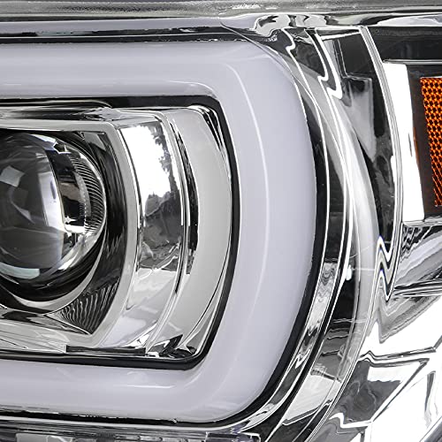 Chrome Projector Headlights SPEC-D TUNING w/LED Light Bar Compatible with 2007-2013 Toyota Tundra, 2008-2017 Toyota Sequoia, Left + Right Pair Headlamps Assembly