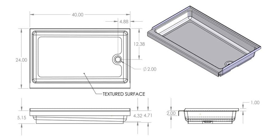 Shower Pan Specialty Recreation 24 X 40 White- Left Hand Drain