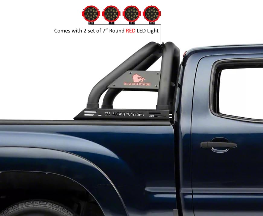 Classic Black Horse Roll Bar Incl. Pair of 7.0" Dia. LED Lights w/Red Trim Rings Compatible with 2005-2021 Nissan Frontier-RB007BK-PLR