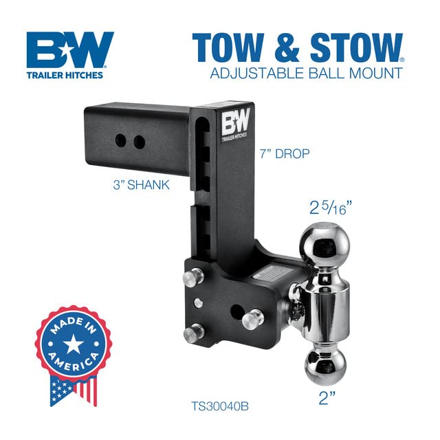 Tow & Stow B&W Trailer Hitches Adjustable Trailer Hitch Ball Mount - Fits 3" Receiver, Dual Ball (2" x 2-5/16"), 7.5" Drop, 21,000 GTW - TS30040B
