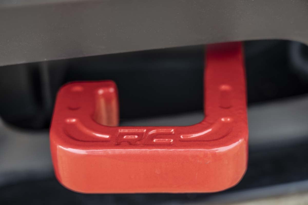 Rough Country Red Forged Tow Hooks for Jeep Grand Cherokee (2015-2022) - Heavy-Duty Front Recovery Points, Bolt-On Installation, Powder-Coated Steel (Pair)
