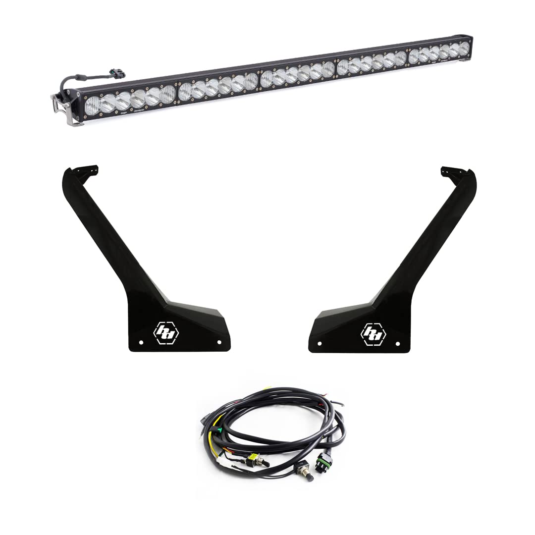 OnX6+ Baja Designs 50-Inch LED Bar Roof Mount Light Kit for Jeep Gladiator 2020-23, Wrangler JL 2018-23, Includes Switch Wiring Harness (Driving/Combo Lens; Clear)