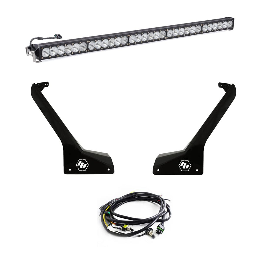 OnX6+ Baja Designs 50-Inch LED Bar Roof Mount Light Kit for Jeep Gladiator 2020-23, Wrangler JL 2018-23, Includes Switch Wiring Harness (Driving/Combo Lens; Clear)