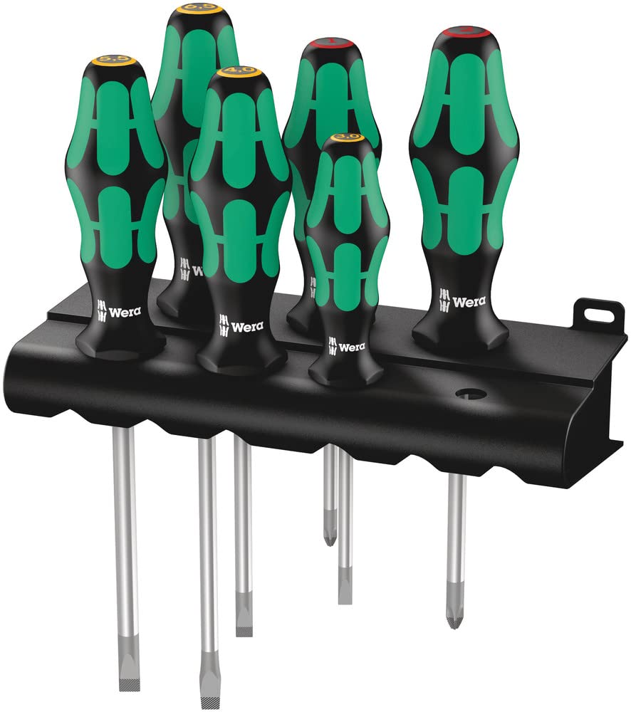 Wera - 334/6 Kraftform Plus 5105650001 Screwdriver Set with Rack and Lasertip, 6-Pieces, Multicolor, Slotted: 6.5x150mm, 3x80mm, 4x100mm, 5.5x125. Phillips: PH1x80, PH2x100
