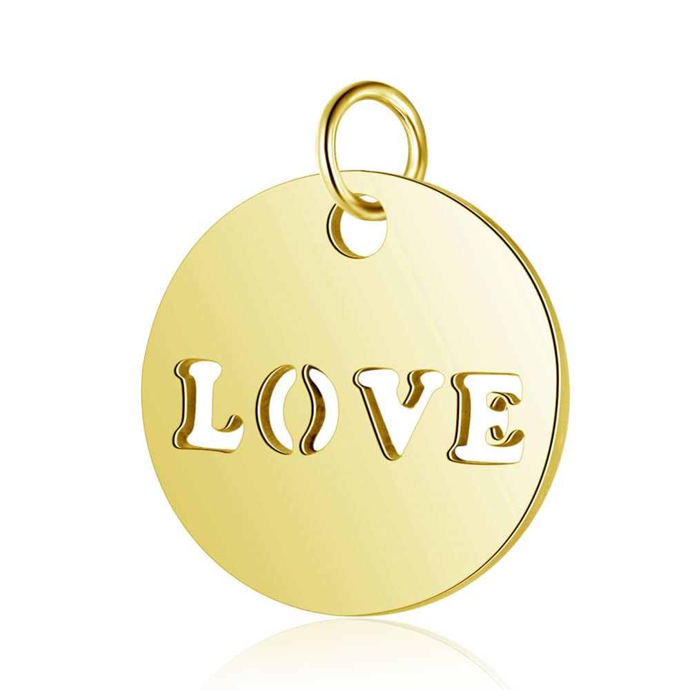 5Pcs DICOSMETIC 12mm Stainless Steel Flat Round with Word LOVE Charms Golden Love Message Tag Charms Metal Love Pendants for Bracelet Necklace Earrings Making