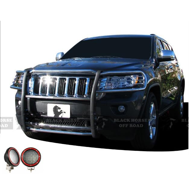 Grille Brush Black Horse Bumper Guard Modular Stainless Steel Come with Pair of 5.3" Dia.LED Lights with Red Trim Rings Compatible with 2011-2021 Jeep Grand Cherokee-17A080202MSS-PLFR