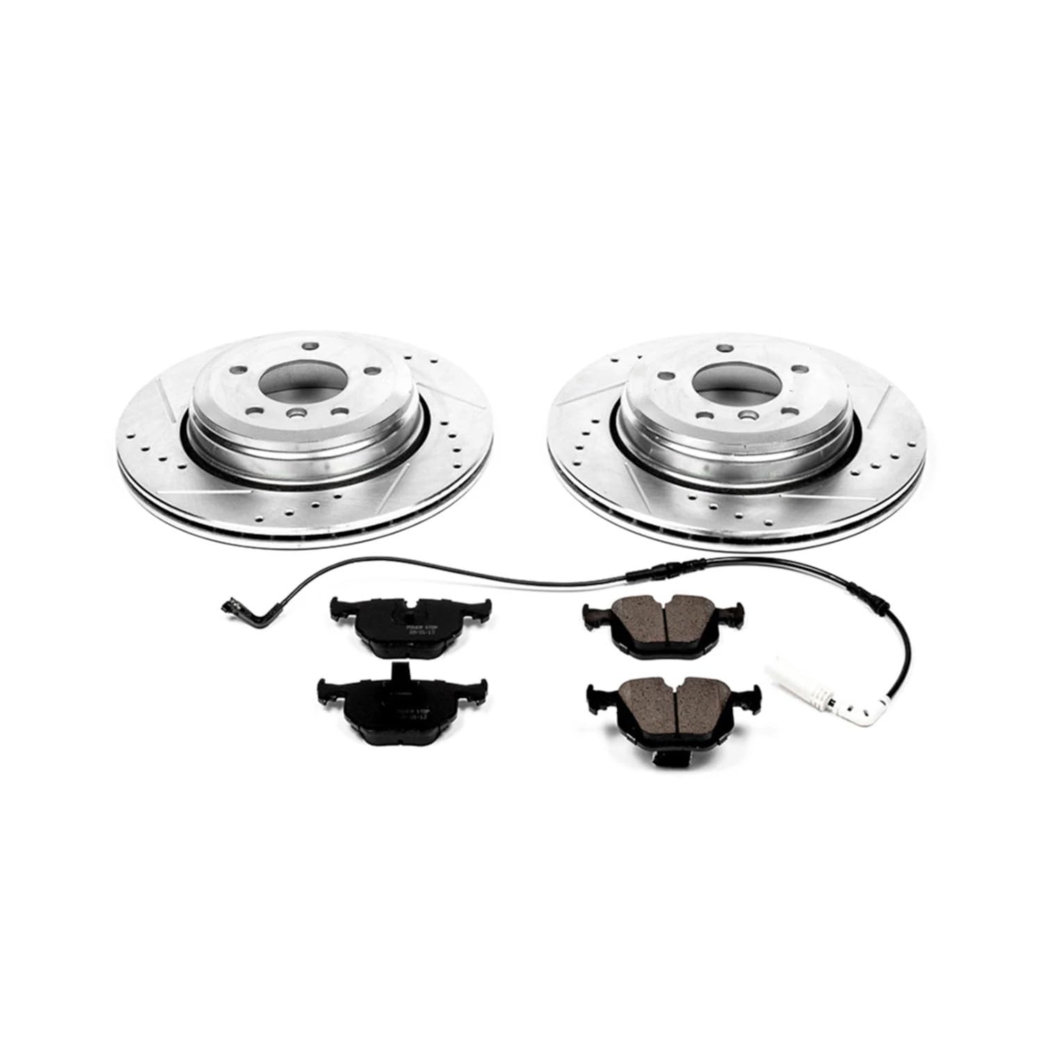 Power Stop K5361 Brake Pads Rear Z23 Carbon Fiber with Drilled & Slotted Brake Rotors Kit and 1 Rear Sensor Wire