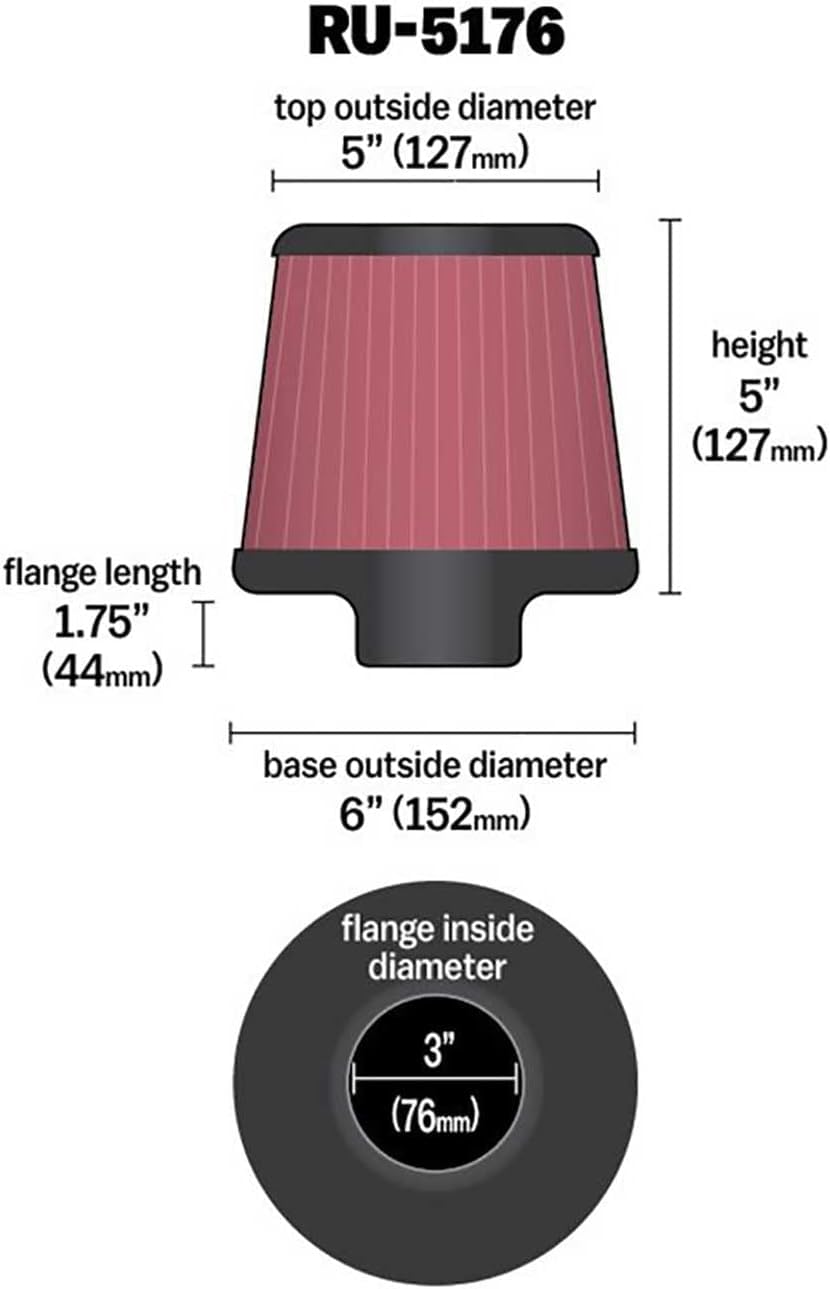 High-Flow K&N Original Lifetime Universal Clamp-On Air Filter: High Performance, Premium, Washable: Flange Diameter: 3 In, Filter Height: 5 In, Flange Length: 1.75 In, Shape: Round Tapered, RU-5176