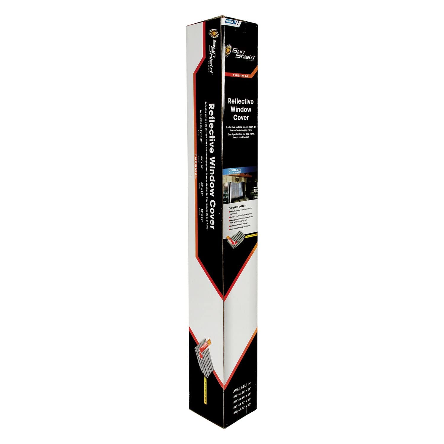 Reflective Camco RV Window Cover | Features a Single Bubble Foil Laminate Insulation, Collapses for Convenient Storage, and Measures 62-Inches (L) x 26-Inches (W) (45163)