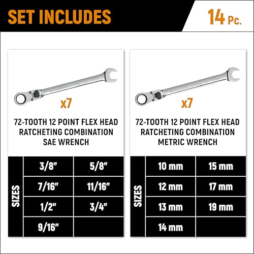 14 Pc. GEARWRENCH 12 Pt. Flex Head Ratcheting Combination Wrench Set, SAE/Metric - 85141