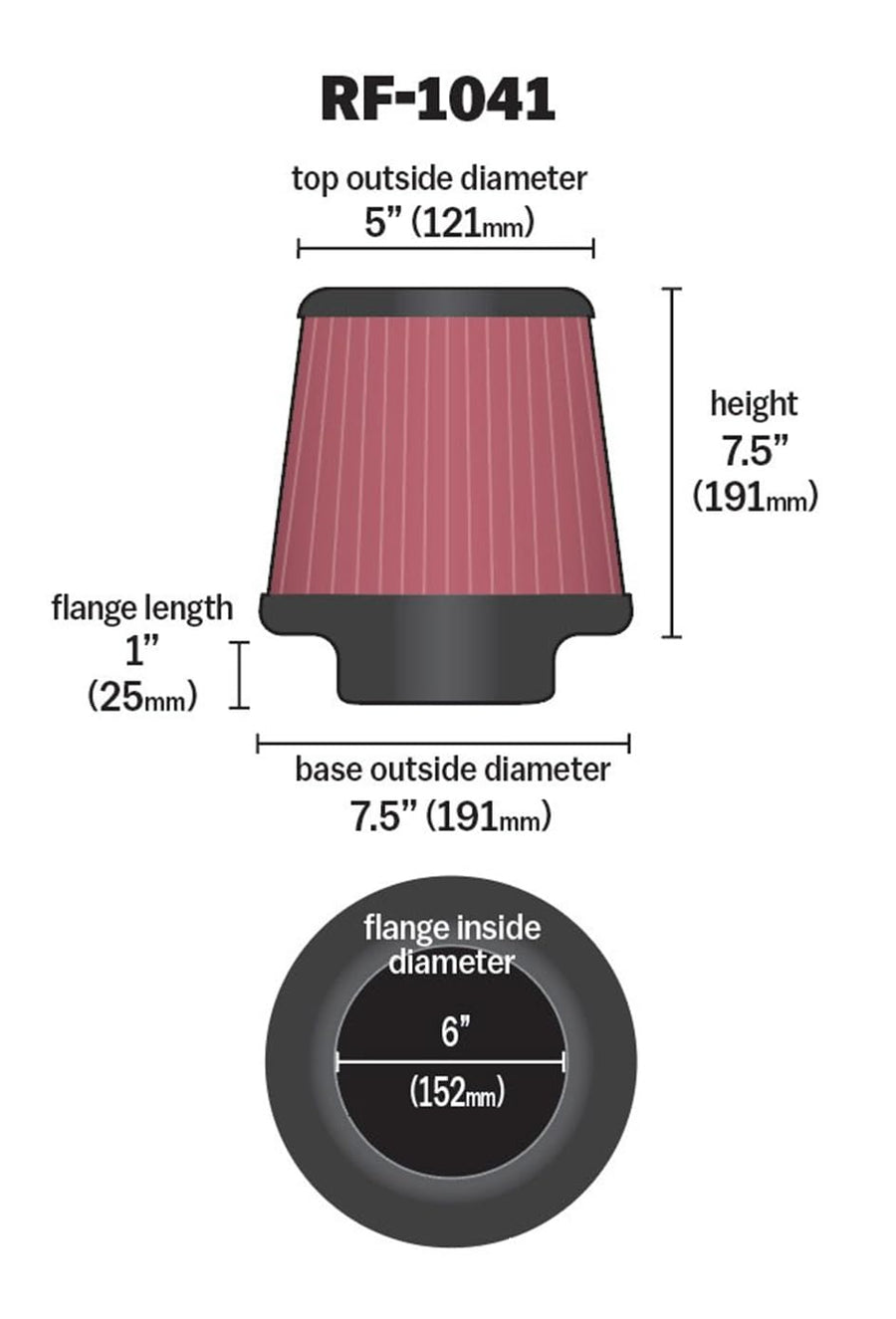High-Flow K&N Original Lifetime Universal Clamp-On Air Filter: High Performance, Premium, Washable: Flange Diameter: 6 In, Filter Height: 7.5 In, Flange Length: 1 In, Shape: Round Tapered, RF-1041