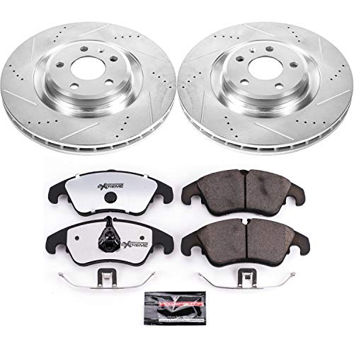 Power Stop K6154-26 Z26 Carbon Fiber Brake Pads Front with Drilled & Slotted Brake Rotors Kit and 1 Front Sensor Wire For Audi S4 2010-2011, Audi S5 2008-2011 [Model Specific]