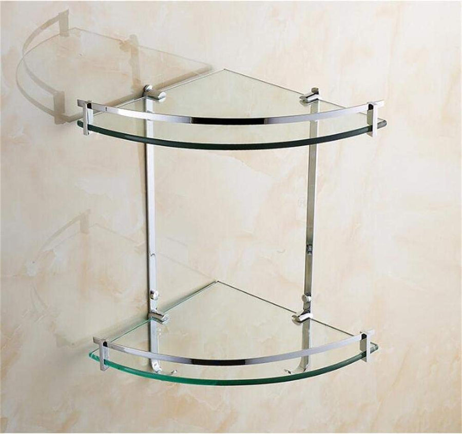 All Copper BTBT Doubledeck Triangular Glass Bathroom Shelves, Multifunction Chrome Glass Shelves Corner Shelf With 2 Hooks Up Bathroom Shelf