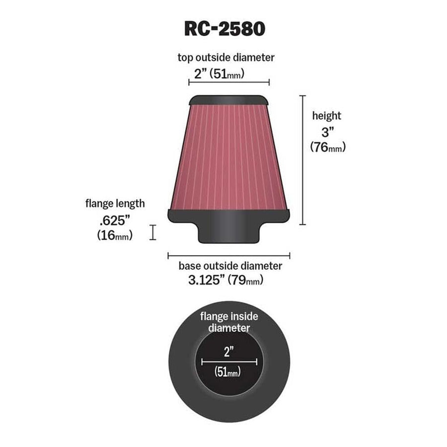 High-Flow K&N Original Lifetime Universal Clamp-On Air Filter: High Performance, Premium, Washable: Flange Diameter: 2 In, Filter Height: 3 In, Flange Length: 0.625 In, Shape: Round Tapered, RC-2580