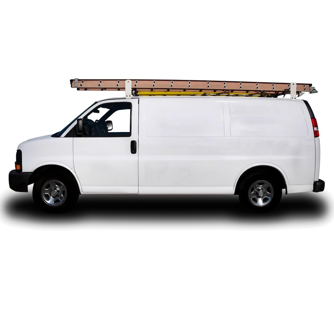 TrailFX 2-Bar Universal Van Ladder Rack White Powder Coated Steel Adjustable 53-63 Inch Length 600 lb Capacity Clamp-On Full Roof Gutter Mount FCLR004W
