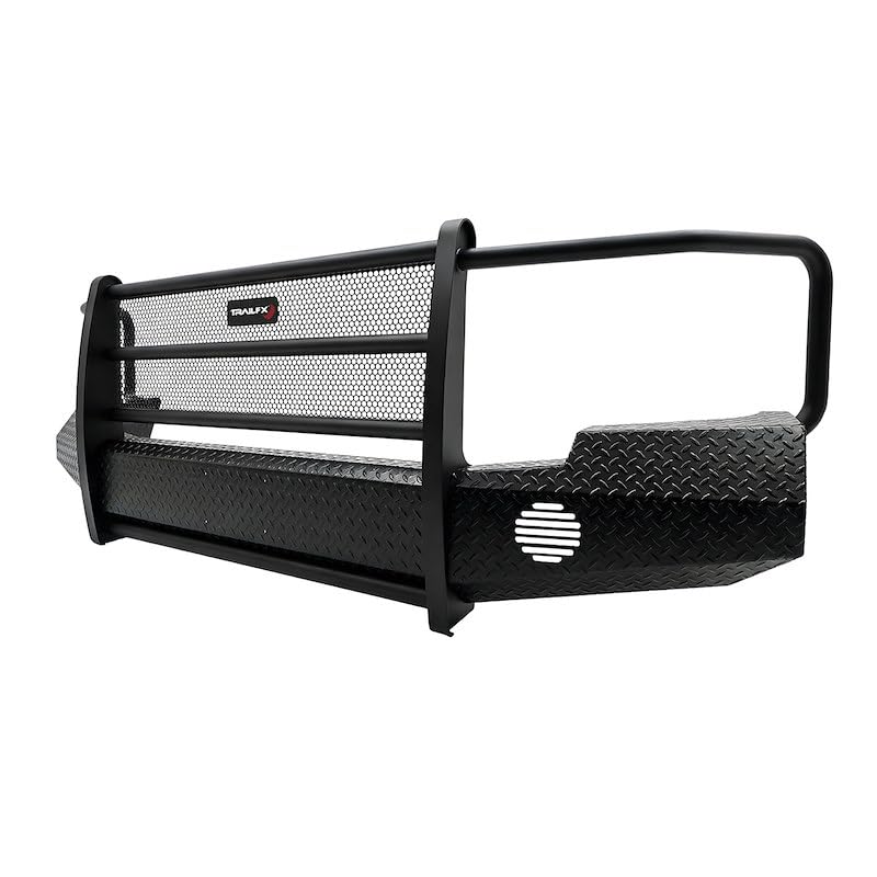 Bumper Trail FX3005A FX, One Piece Design, Direct Fit, With Grille Guard/Grille Mesh/Auxiliary Light Cutouts, Without Winch Mount, Gloss Black, Steel, Fits 2007-2010 Chevrolet Silverado 2500/3500 HD