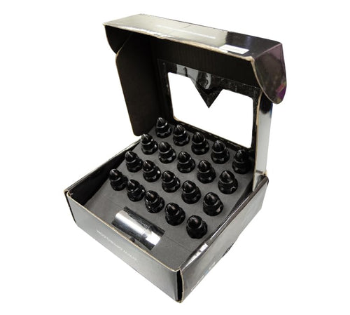NRG Innovations M12 x 1.5 Steel Lug Nut Set NRG-LN-LS500BK-21 Bullet Shape, Anodized Finish 21 Pc Black with Lock Key