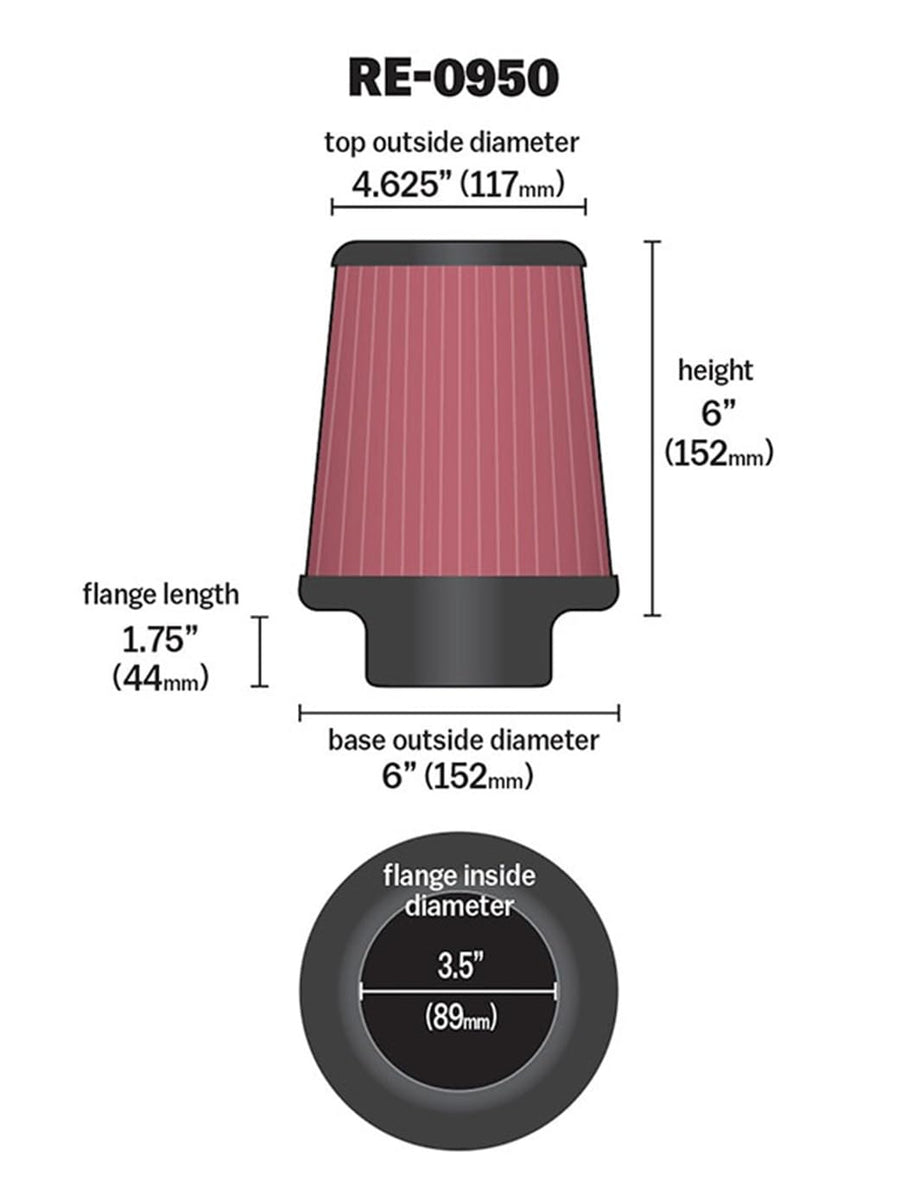 K&N Original High-Flow Lifetime Universal Clamp-On Air Filter: High Performance, Premium, Washable: Flange Diameter: 3.5 In, Filter Height: 6 In, Flange Length: 1.75 In, Shape: Round Tapered, RE-0950