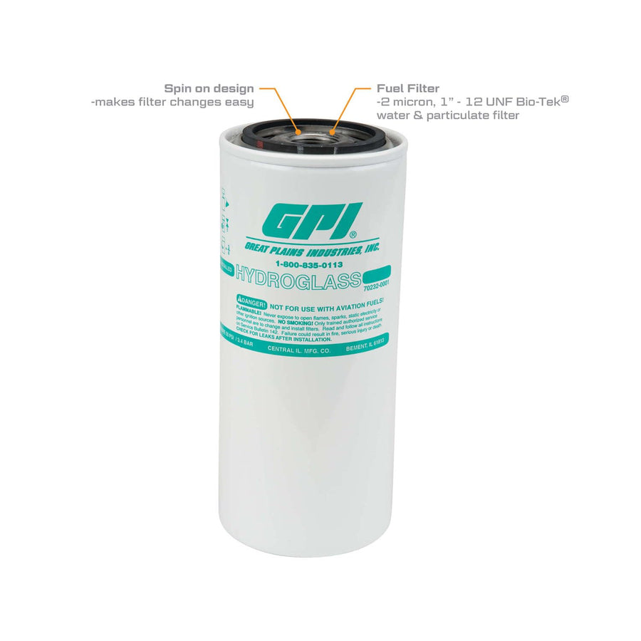 GPI Water and Particulate PW-25-2-1 Bio-Tek Filter for use with Fuel Transfer Pumps up to 25 GPM (95 LPM), 2 Micron, 1-12 UNF Thread (GPI Genuine Accessory 129340-04)