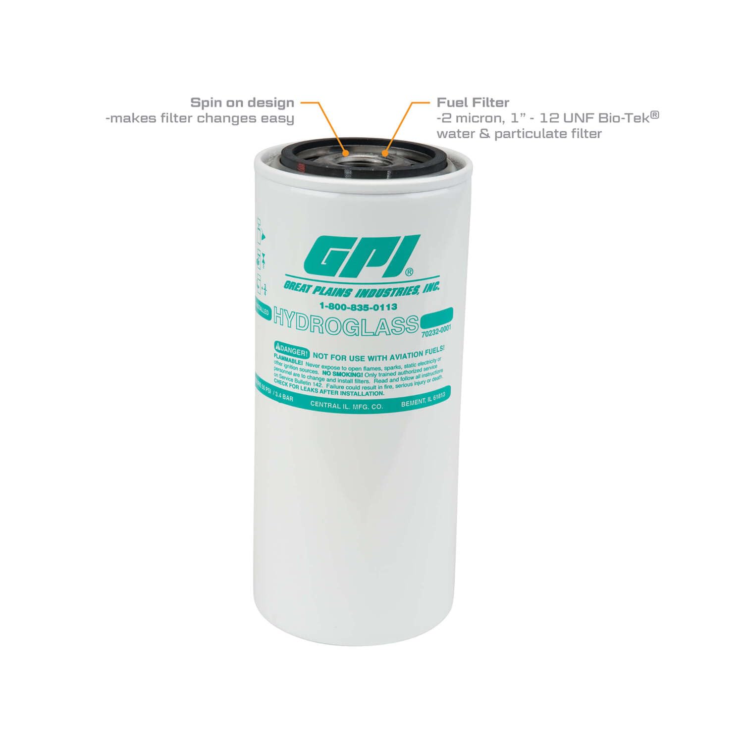 GPI Water and Particulate PW-25-2-1 Bio-Tek Filter for use with Fuel Transfer Pumps up to 25 GPM (95 LPM), 2 Micron, 1-12 UNF Thread (GPI Genuine Accessory 129340-04)
