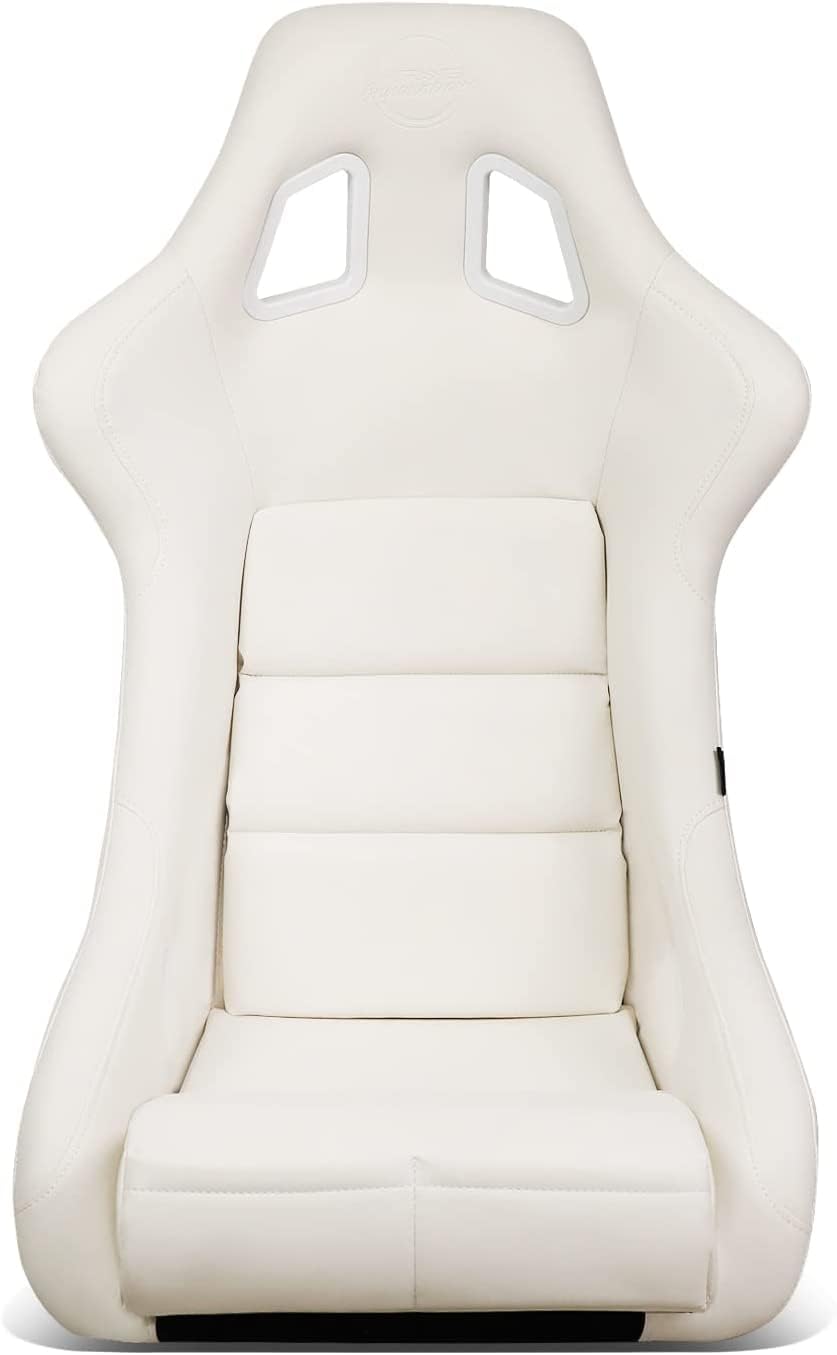 NRG Innovations Universal Vinyl Fixed Back Bucket Racing Seat FRP-302WT-V with Bottom Mount Bracket(Large), White Seat Cover, 21"W X 18" D X 36" H