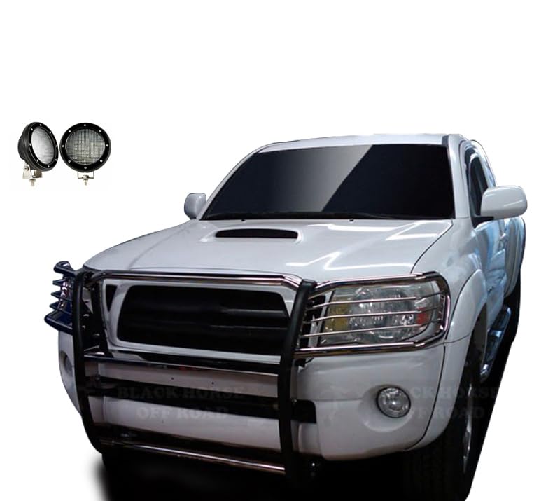 Bumper Guard Black Horse Grille Brush Modular Stainless Steel Come with Pair of 5.3" Dia.LED Lights with Black Trim Rings Compatible with 2005-2015 Toyota Tacoma-17A096400MSS-PLFB
