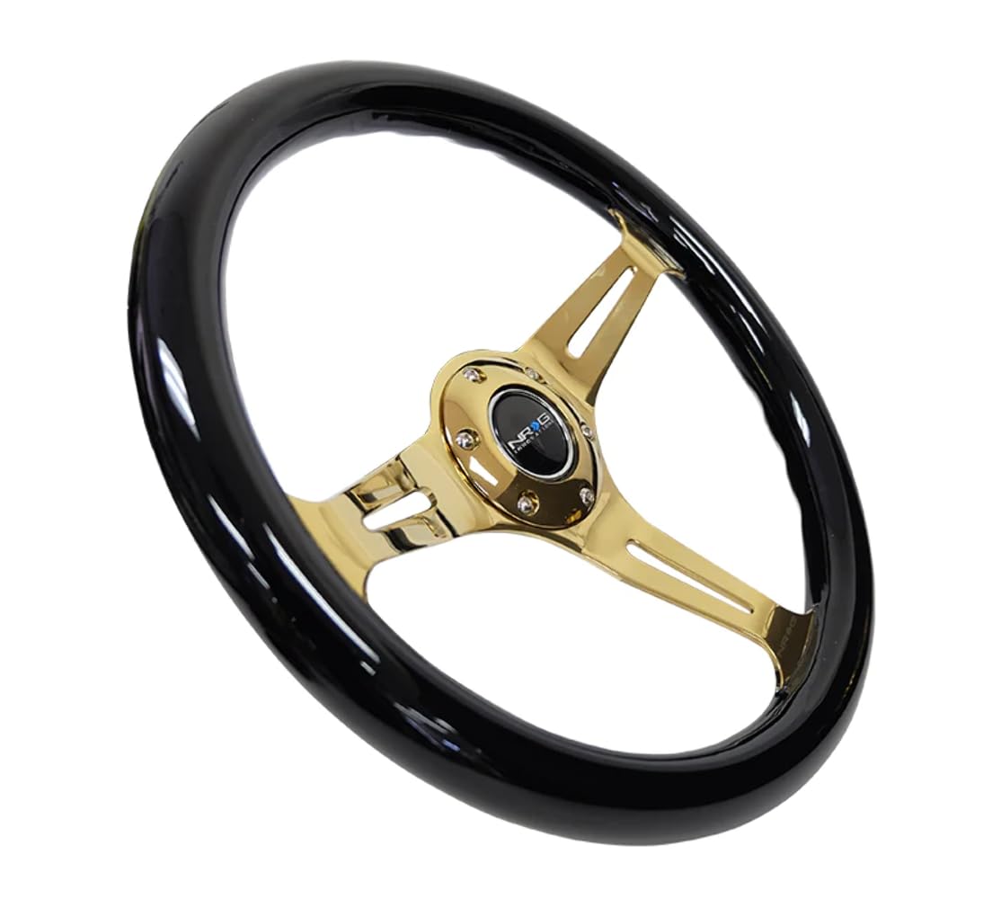 NRG Innovations Steering Wheel NRG-ST-015CG-BK - 350mm 25mm Deep Configuration, Classic Black Wood Grain Wheel with 3 Chrome Gole Spokes/Black Grip