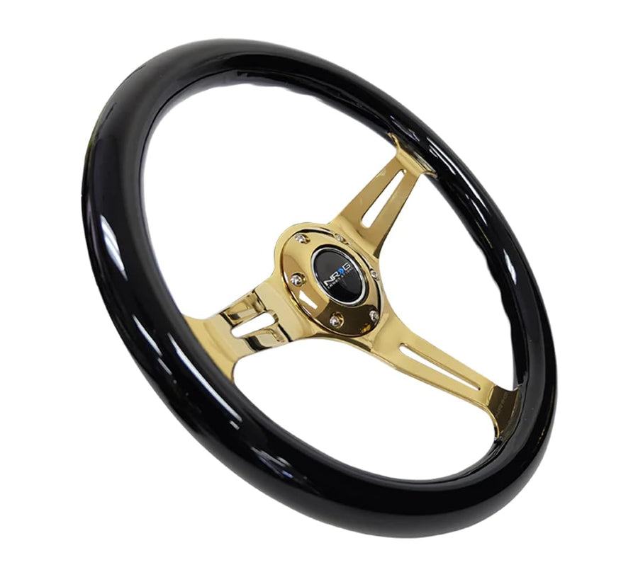 NRG Innovations Steering Wheel NRG-ST-015CG-BK - 350mm 25mm Deep Configuration, Classic Black Wood Grain Wheel with 3 Chrome Gole Spokes/Black Grip