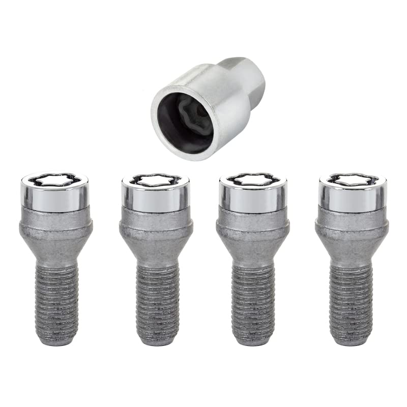 Chrome Bolt Style McGard Cone Seat Wheel Locks (M14 x 1.25 Thread Size) - Set of 4, Chrome & Grey, Size: Set of 4 Locks and 1 Key