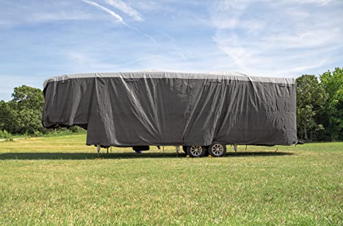 Camco 28 to 30-Ft Fifth Wheel RV Cover ULTRAGuard - Features Zipper Entry Doors & Covered Air Vents - Crafted of Spunbond Polypropylene - Storage Bag for RV Storage & Organization (45753)