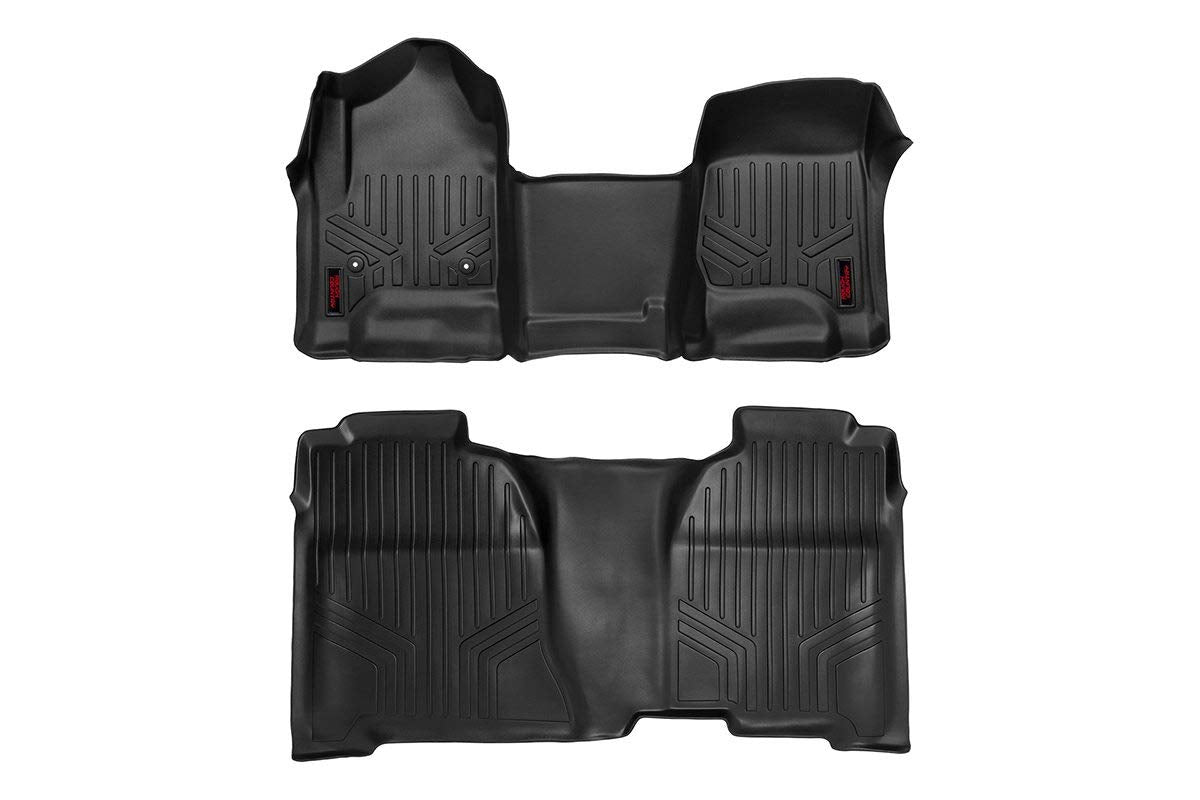 Rough Country All Weather Floor Mats for 1500/2500HD/3500HD Chevy/GMC Crew Cab (2014-2019) w/Bench Seat - Custom Fit Truck Floor Mats, Waterproof, Front & Rear Set