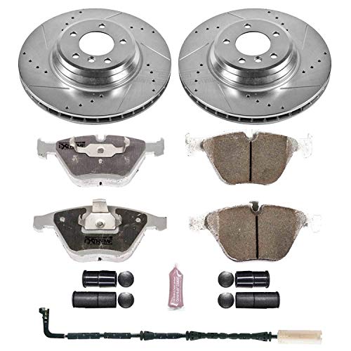 Power Stop Z26 Carbon Fiber Brake Pads K5281-26 with Drilled & Slotted Brake Rotors Kit and 1 Front Sensor Wire For BMW 335d 2009-2010, BMW 335i 2007-2010 [Model Specific]
