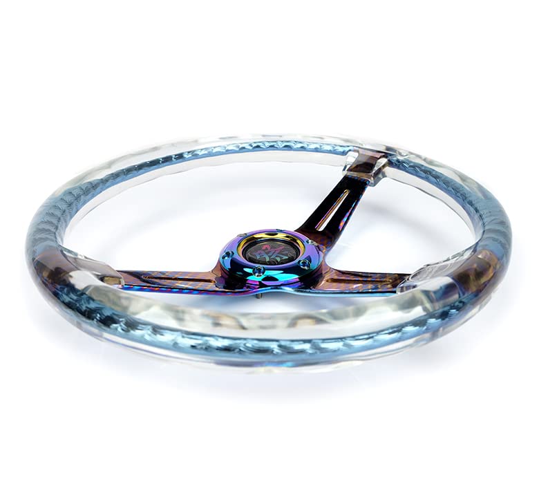 NRG Innovations Reinforced Steering Wheel NRG-RST-027GM-CL 350mm 2" Deep Dish Clear Acrylic Steering Wheel in Clear and Geometric NeoChrome Spoke Finish with Slits