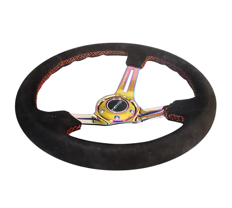 NRG Innovations Reinforced NRG-RST-018S-MCRS Steering Wheel 350mm 75mm Deep Sport Steering Wheel Suede (3" Deep) Red Stitch With Slits In Neochrome Double Riveted Spokes