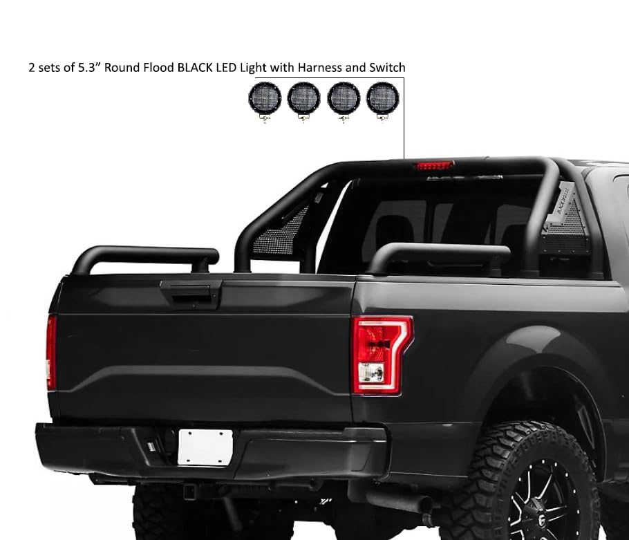Gladiator Roll Bar Black Horse Incl. Set of 5.3" Dia.LED Lights Modular Black Compatible with Universal Roll Bar for 1/2 Ton Trucks (GM-Ford-Dodge- Tundra) -GLRB-01B-PLFB