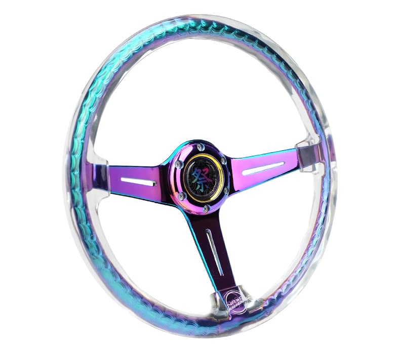 NRG Innovations Reinforced Steering Wheel NRG-RST-027MC-CL 350mm 2" Deep Dish Clear Acrylic and NeoChrome Spoke Finish with Slits