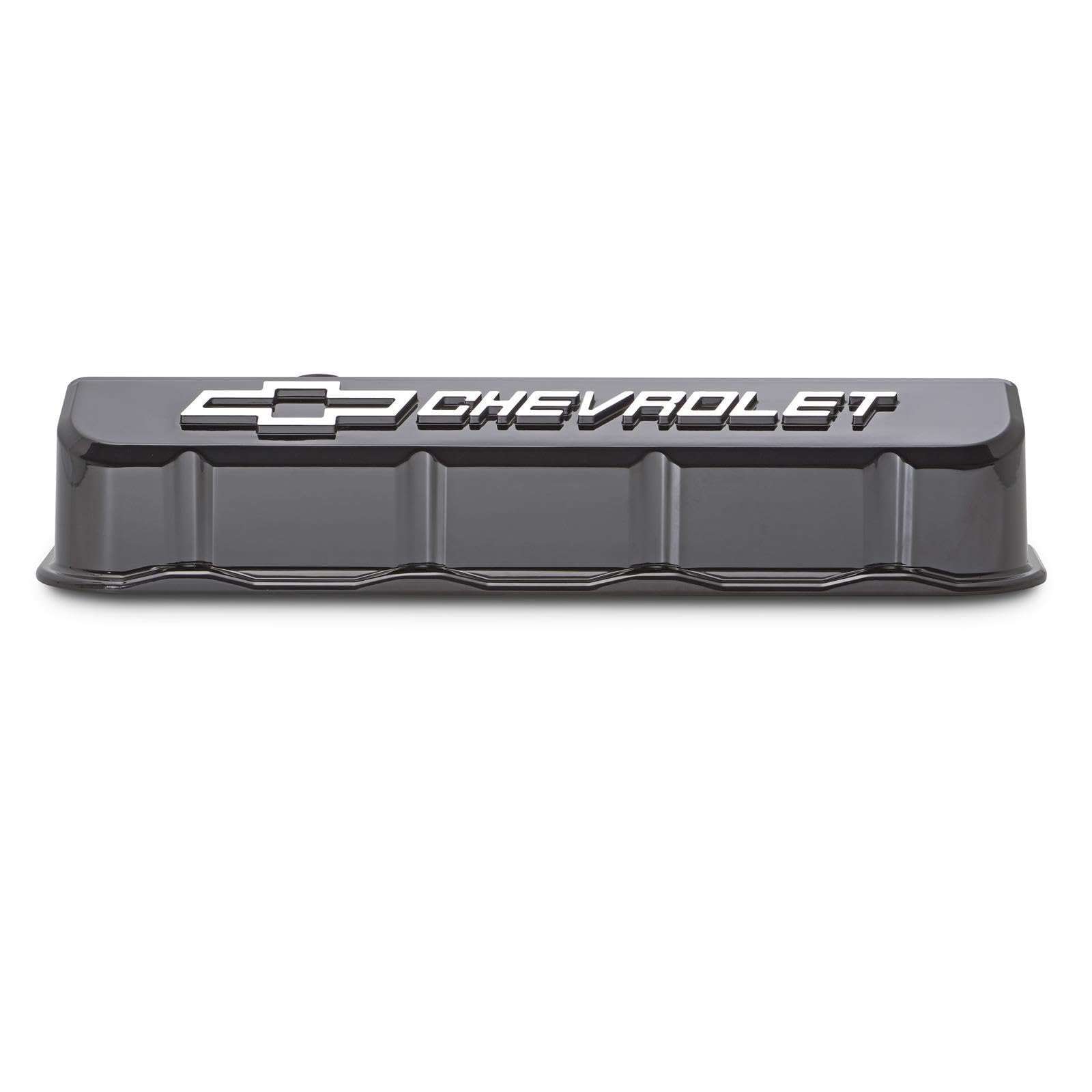 Proform Slant-Edge Valve Cover, Tall, Baffled, Breather Hole, Raised Chevrolet Logo, Aluminum, Black Paint