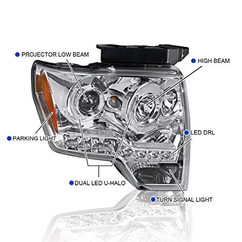 Spec-D Tuning Dual U-Halo Rims Chrome Housing Clear Lens LED Projector Headlights Compatible with Ford F150 2009-2014 L+R Pair Head Light Lamp Assembly