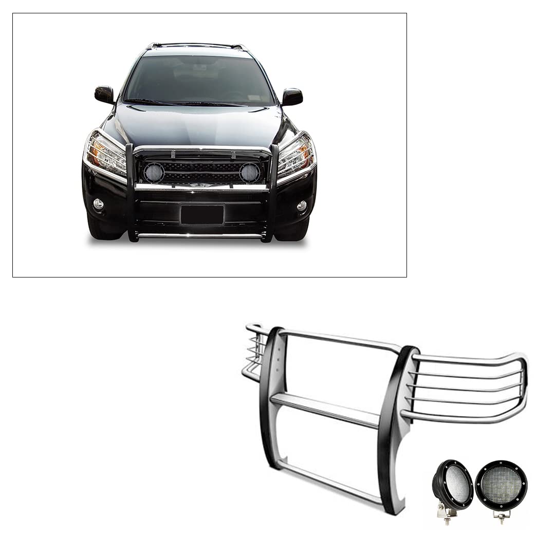 Bumper Guard Black Horse Grille Brush Modular Stainless Steel Come with Pair of 5.3" Dia.LED Lights with Black Trim Rings Compatible with 2006-2018 Toyota RAV4-17A093902MSS-PLFB